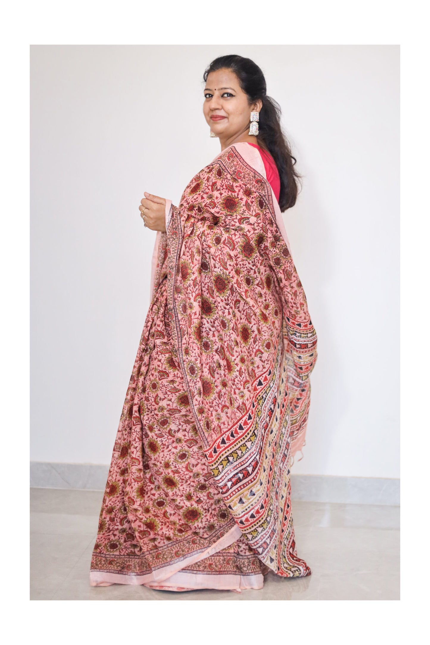 Peach Pink Cotton Linen Saree