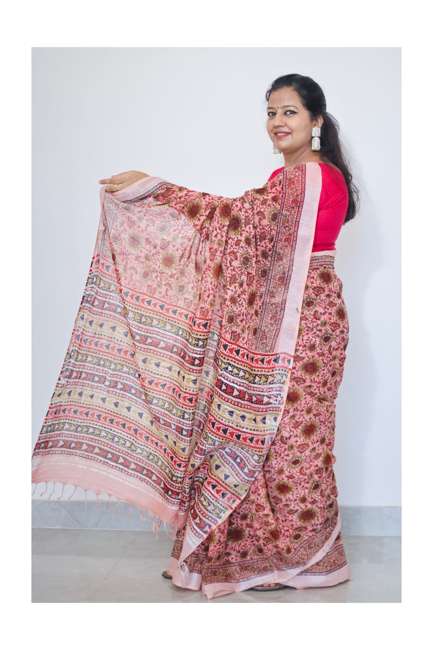 Peach Pink Cotton Linen Saree