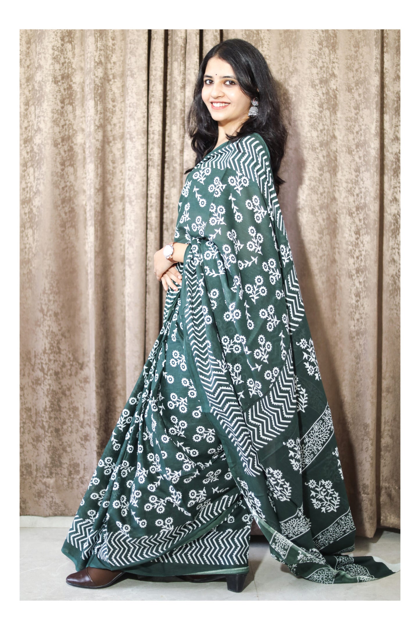 Bagru Print Green Mulmul Cotton Saree