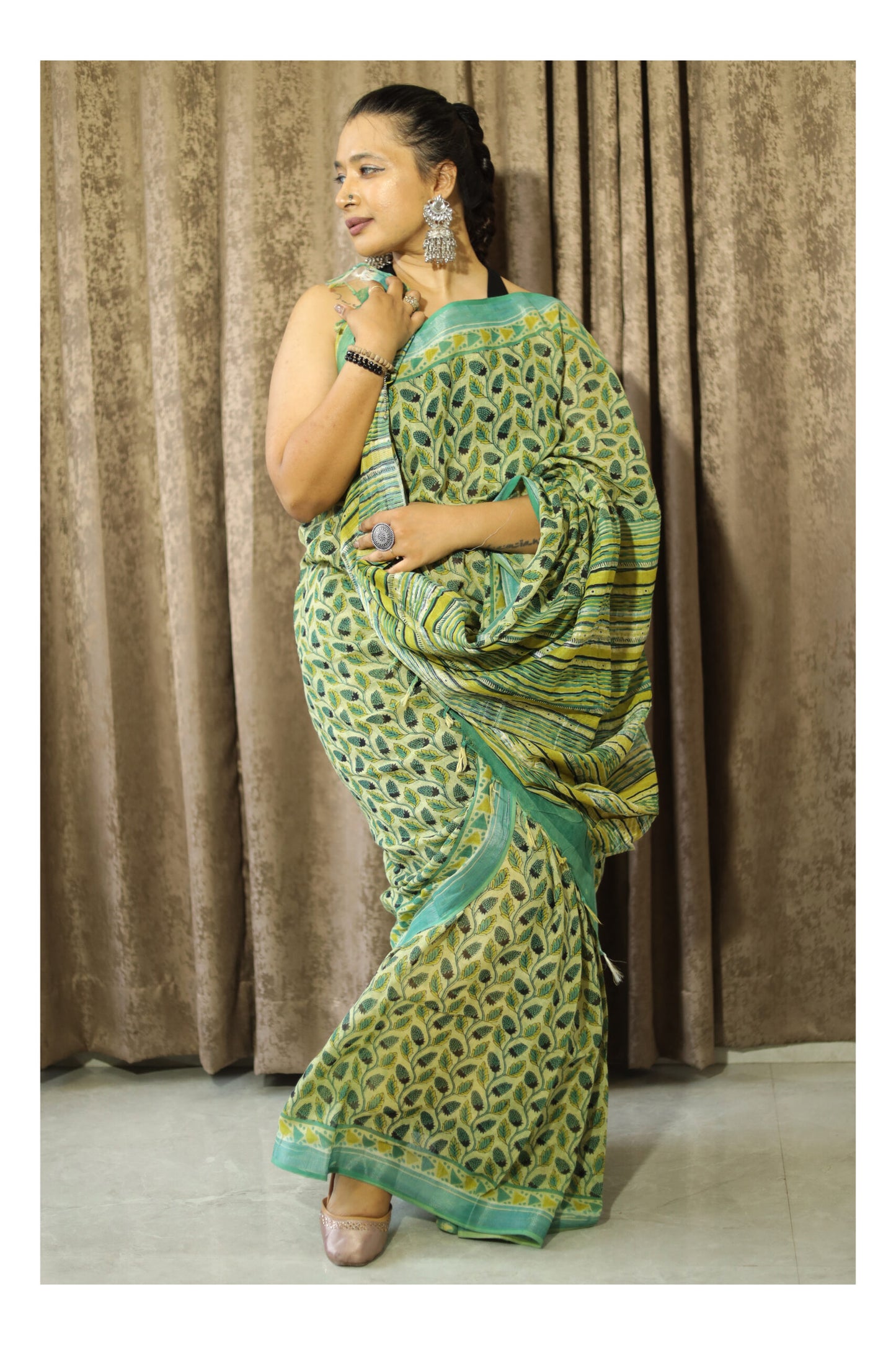 Green Cotton Linen Saree