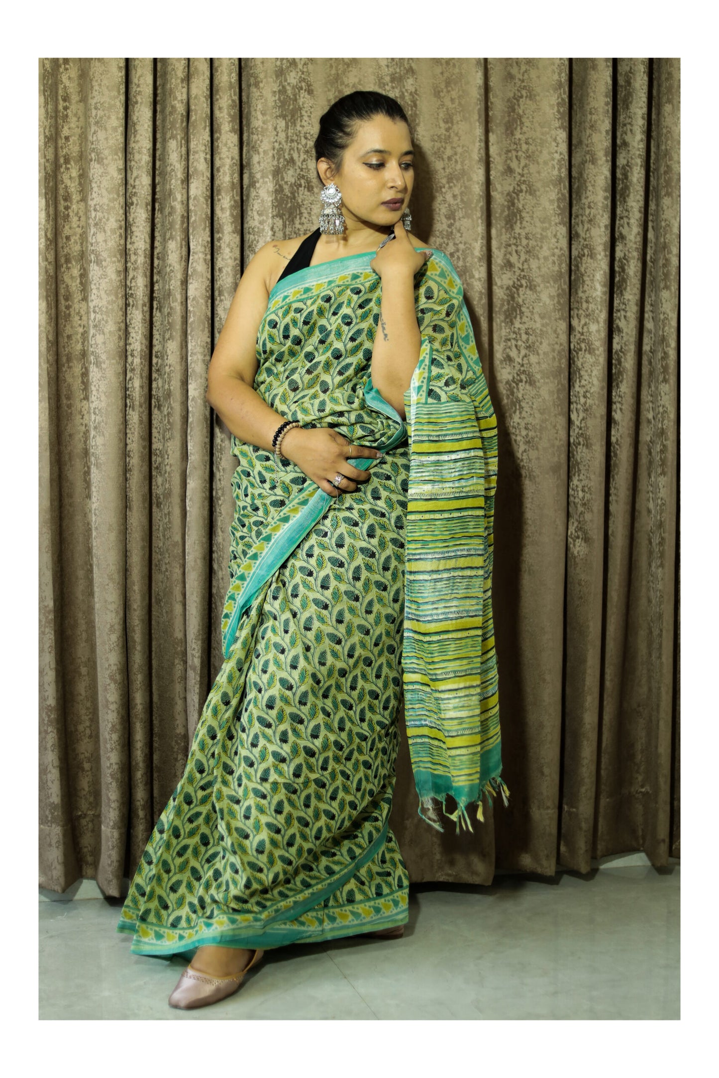 Green Cotton Linen Saree