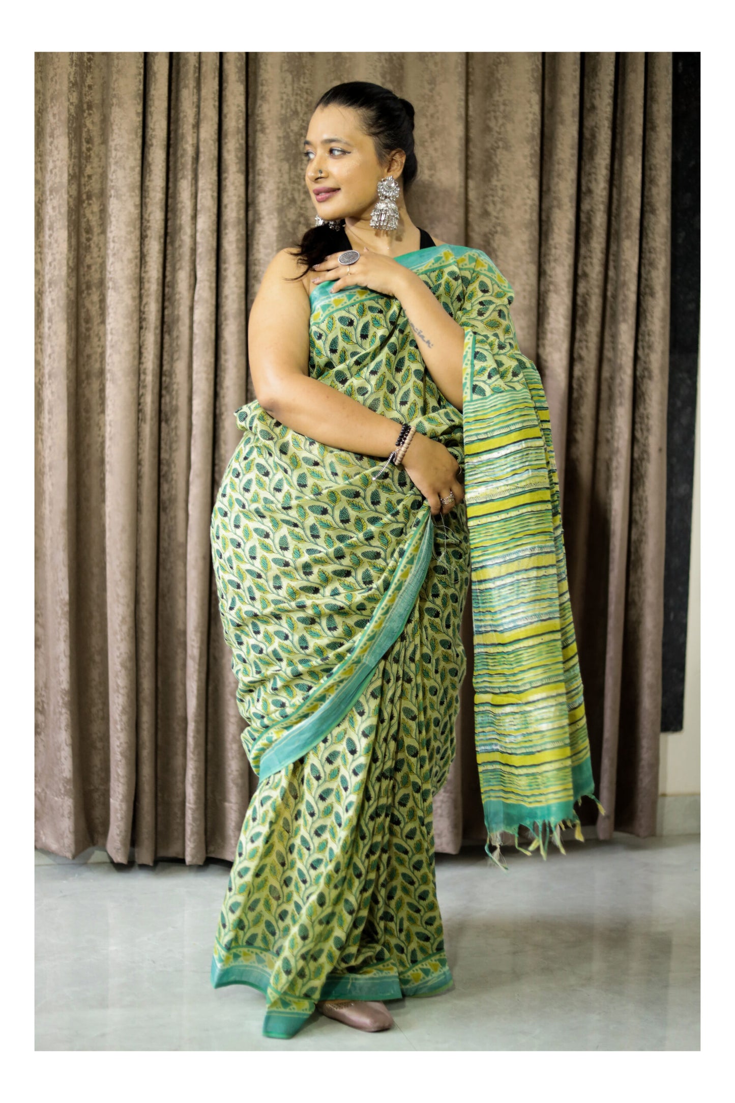Green Cotton Linen Saree