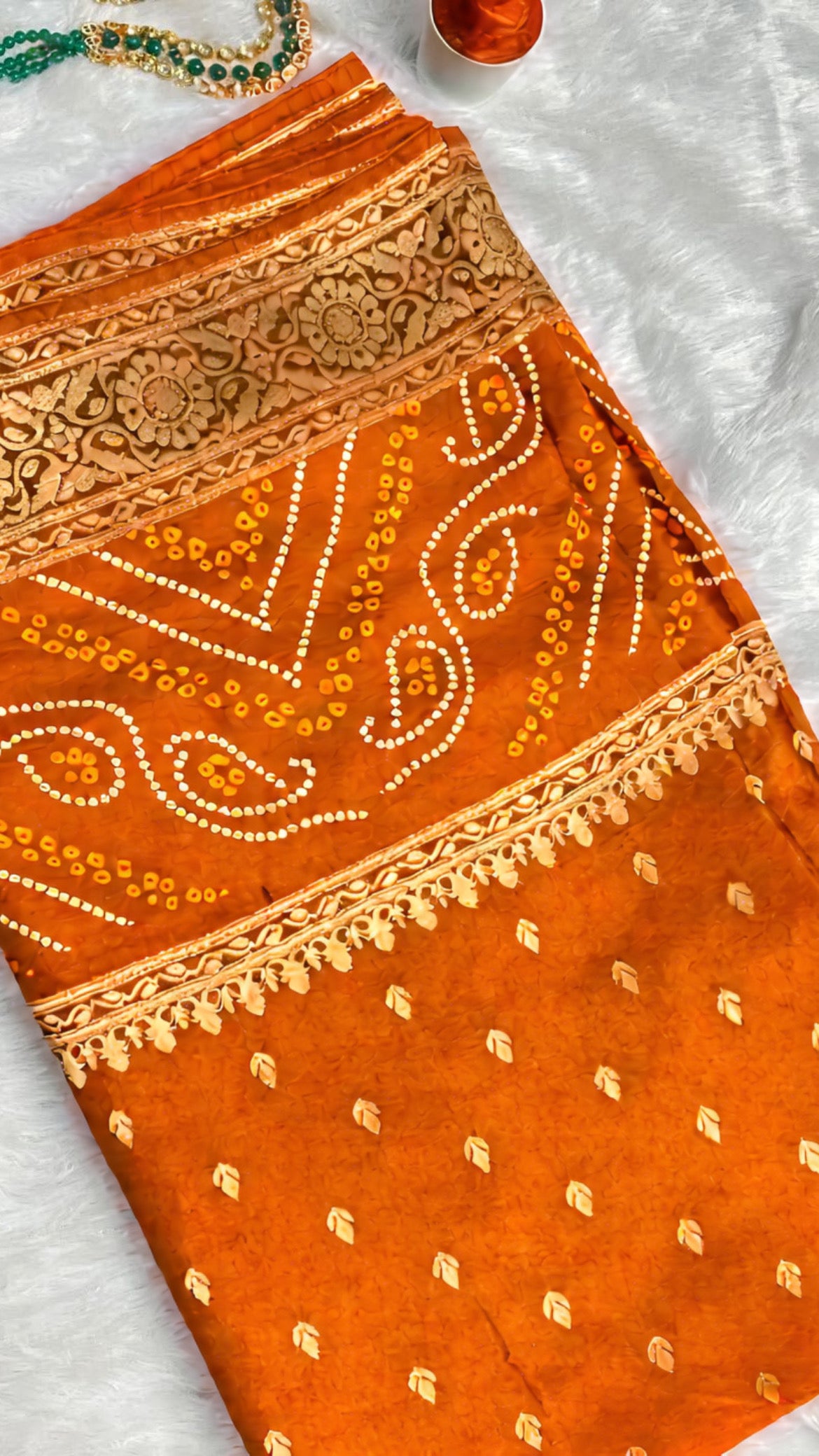 Warm Orange H.O Silk Saree with Bandhani border & Zari Buti