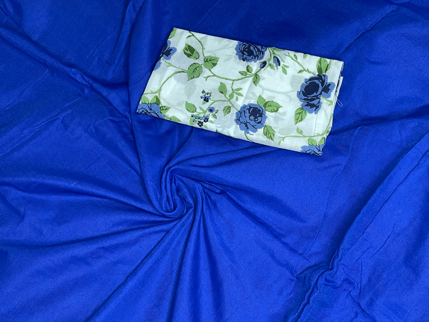 Royal Blue Khadi Saree with Floral Print Blouse