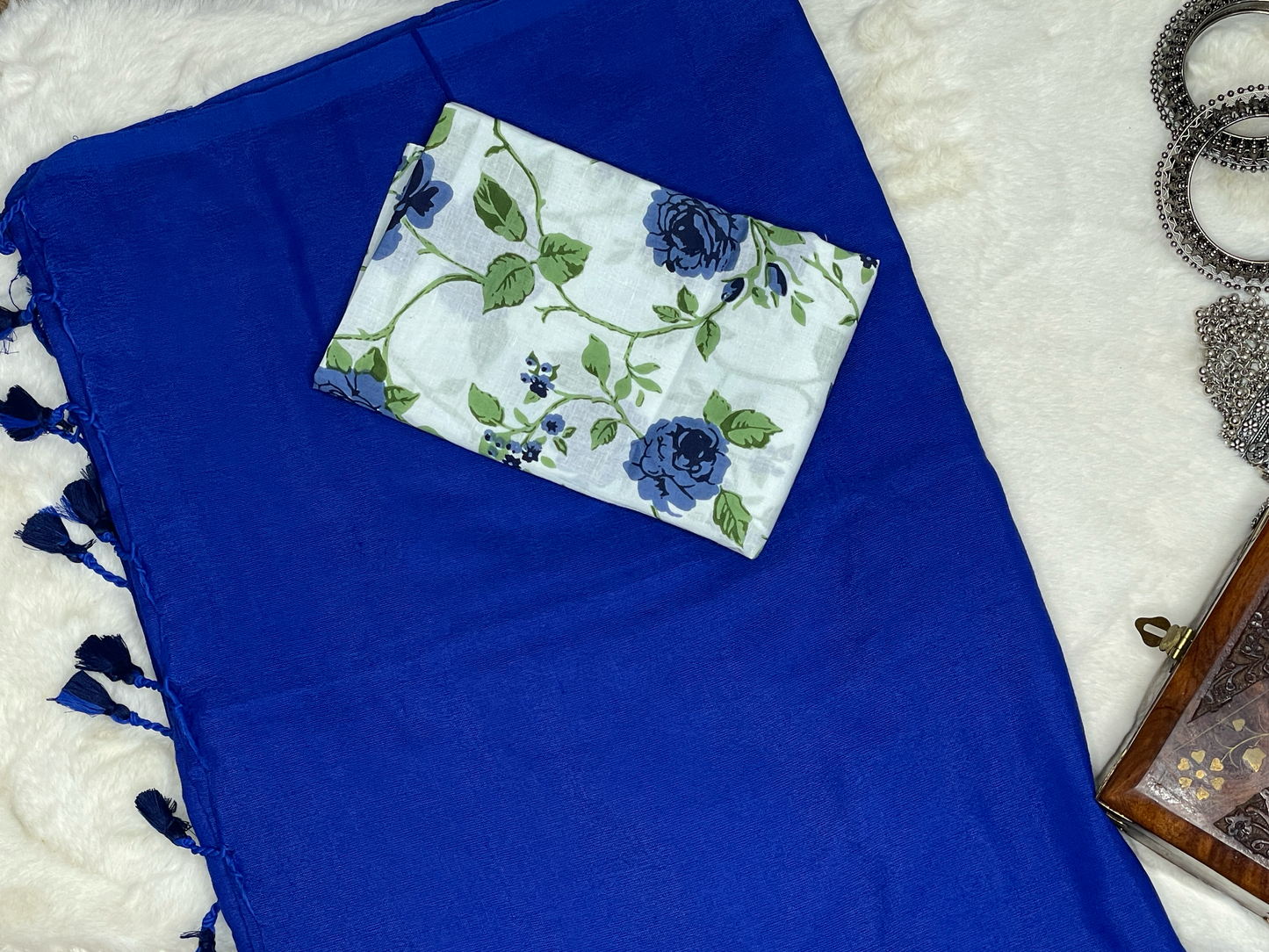 Royal Blue Khadi Saree with Floral Print Blouse