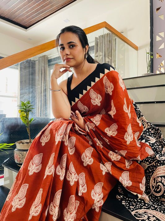 Brown Mulmul Cotton Saree