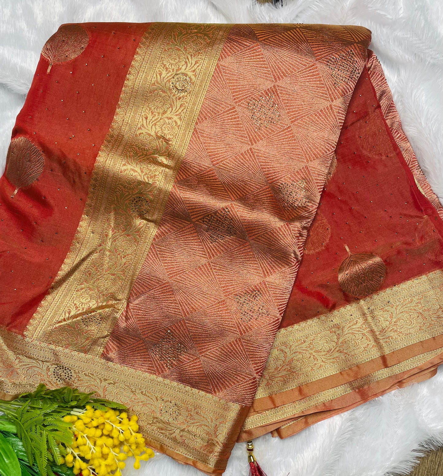 Rusty Organza Saree With Zari and Stone Work