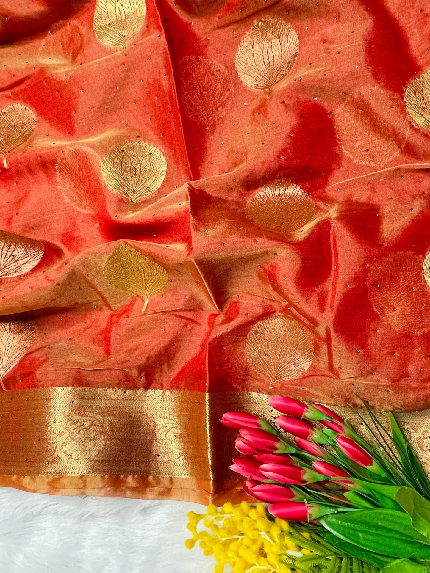 Rusty Organza Saree With Zari and Stone Work