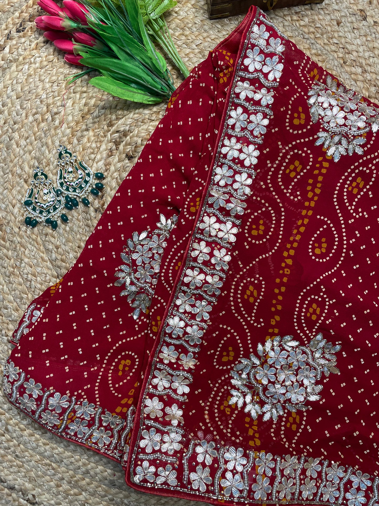Red Bandhani Georgette Saree with Pearl Work