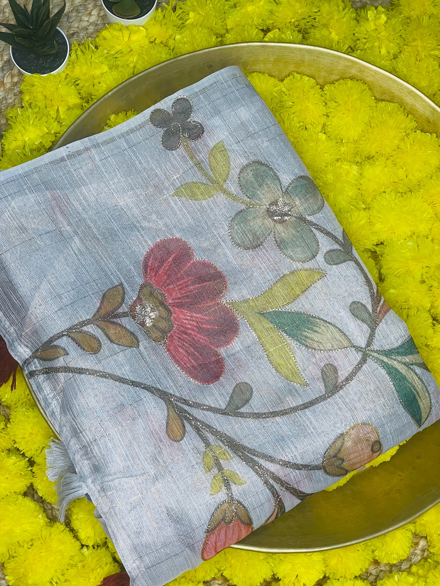 White Flower Tissue Cotton Saree