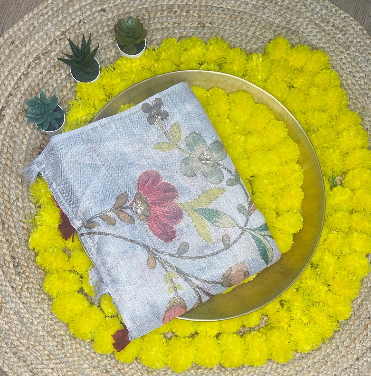 White Flower Tissue Cotton Saree