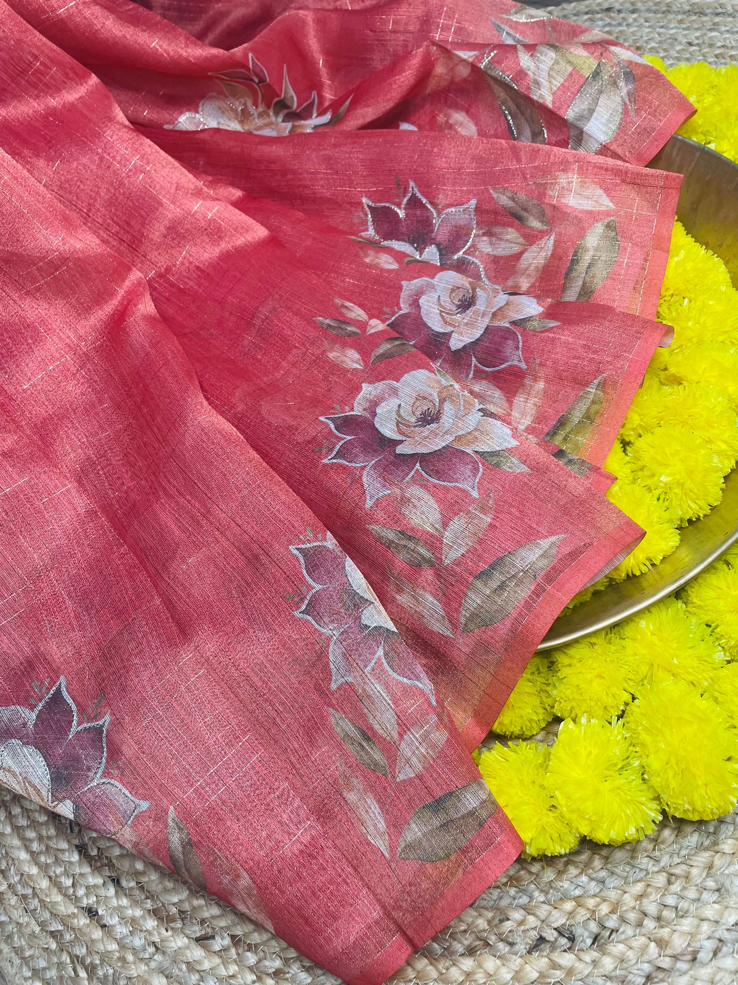 Brick Colour Leafy Tissue Cotton Saree