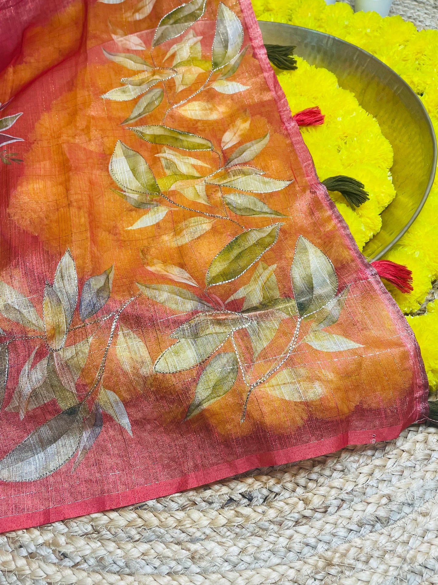 Brick Colour Leafy Tissue Cotton Saree