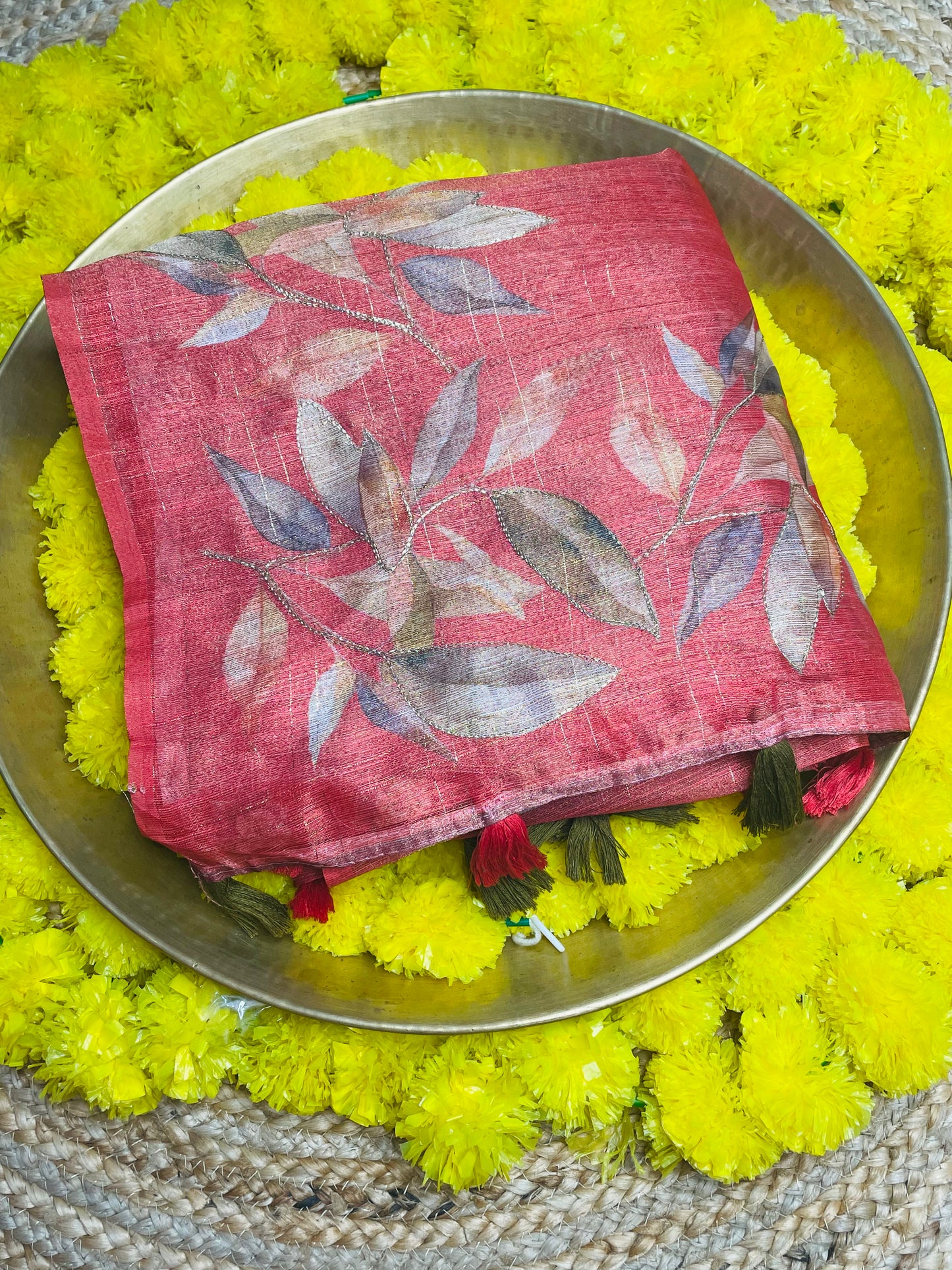 Brick Colour Leafy Tissue Cotton Saree