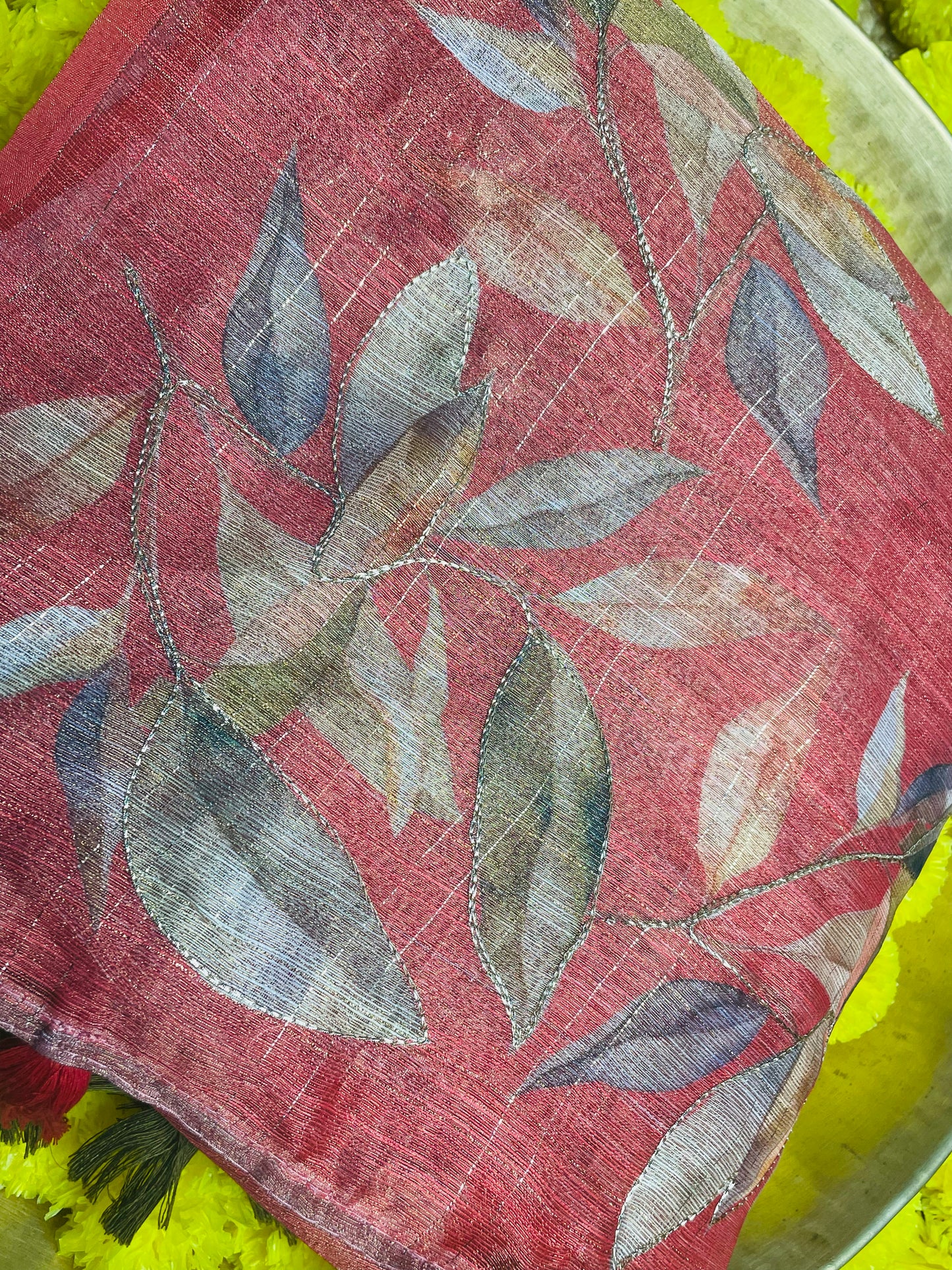 Brick Colour Leafy Tissue Cotton Saree