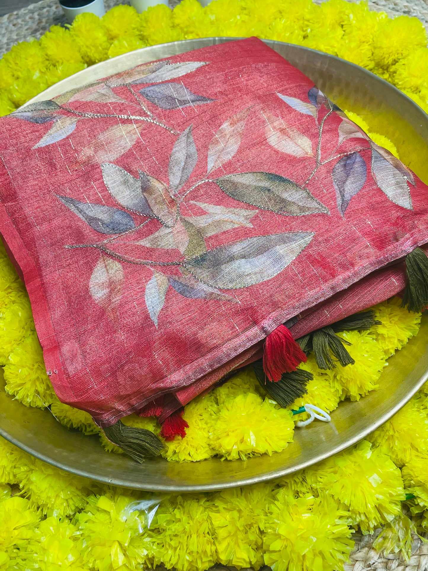 Brick Colour Leafy Tissue Cotton Saree