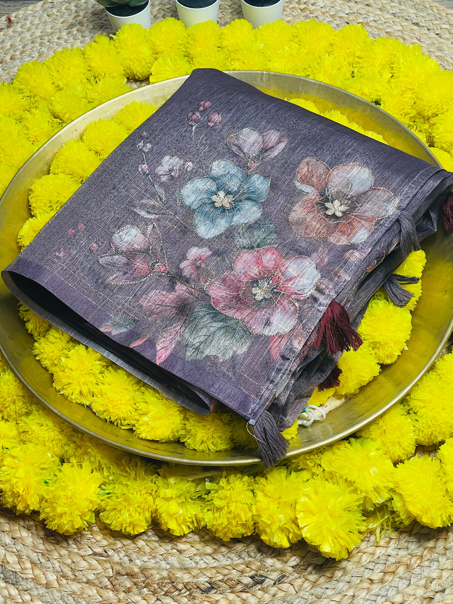 Wine colour Tissue Cotton Saree