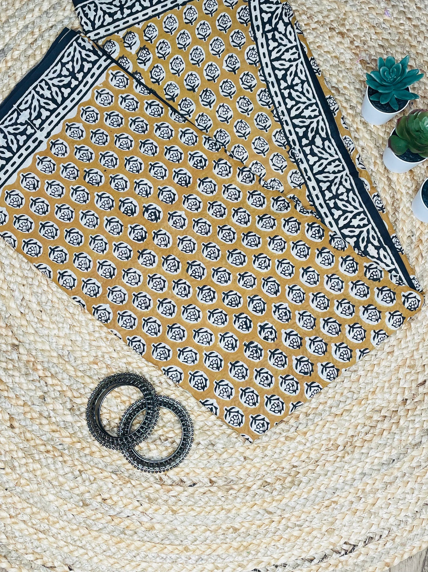 Camel colour Handblock  Mulmul Saree