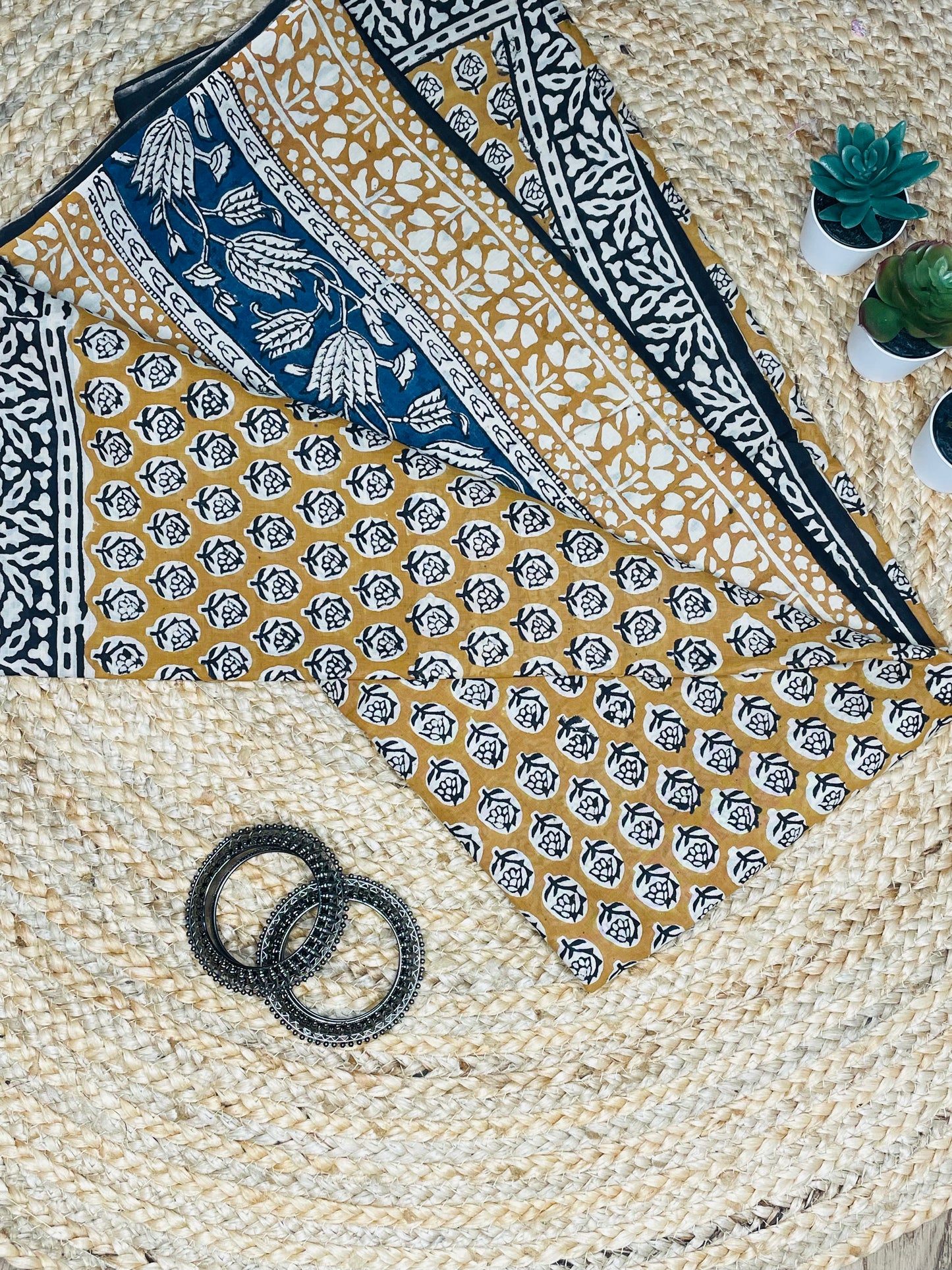 Camel colour Handblock  Mulmul Saree