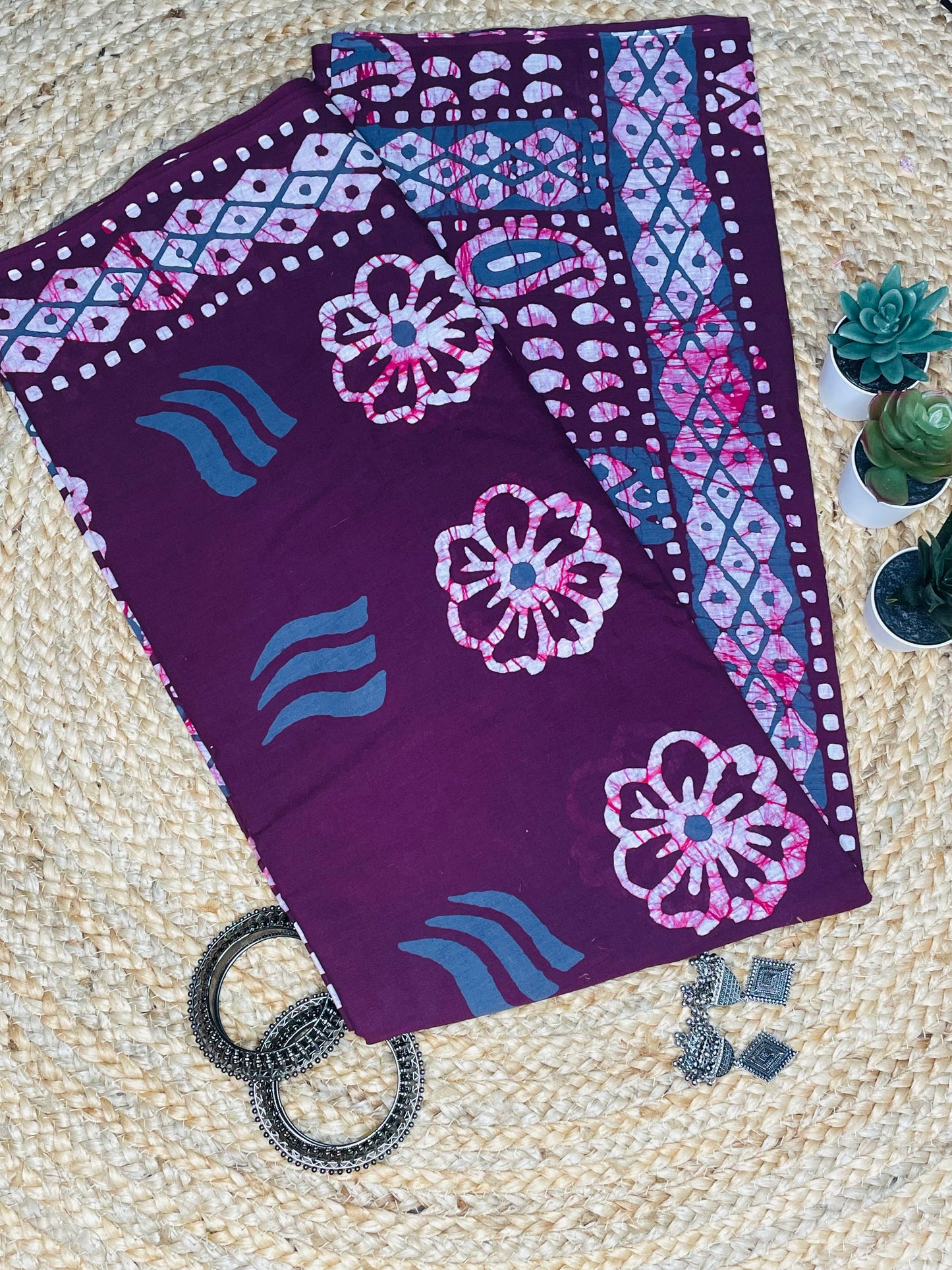 Burgundy colour Handblock  Mulmul Saree