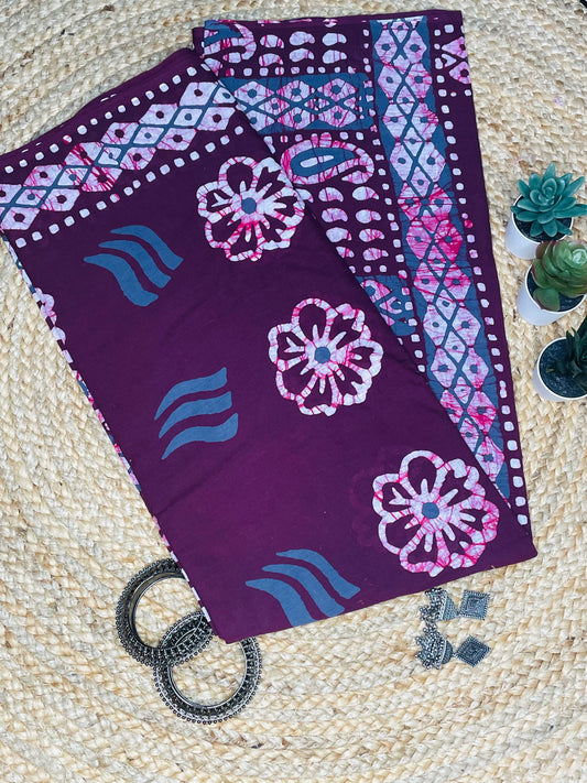 Burgundy colour Handblock  Mulmul Saree