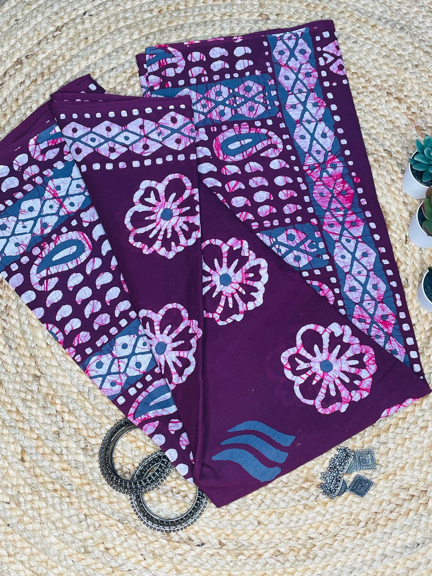 Burgundy colour Handblock  Mulmul Saree