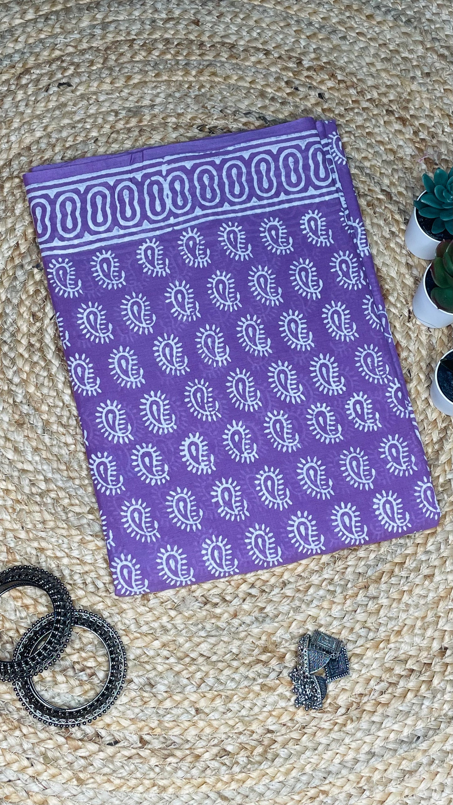 Lavender colour Handblock  Mulmul Saree
