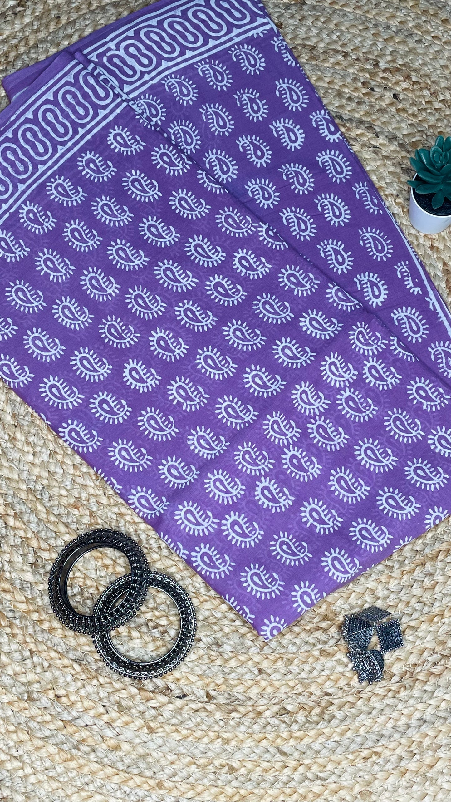 Lavender colour Handblock  Mulmul Saree