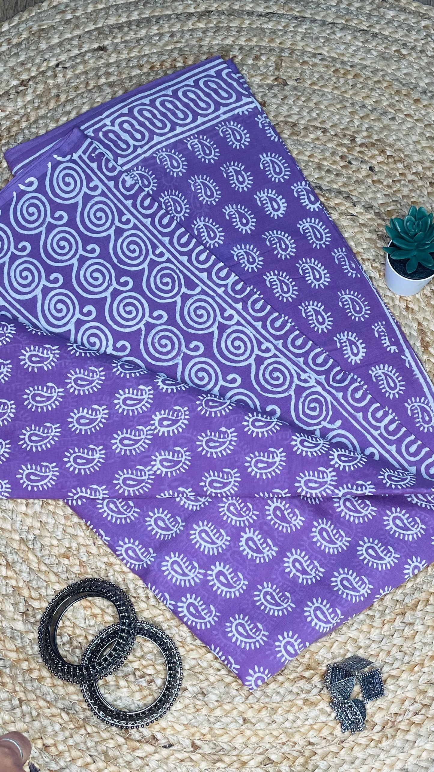 Lavender colour Handblock  Mulmul Saree