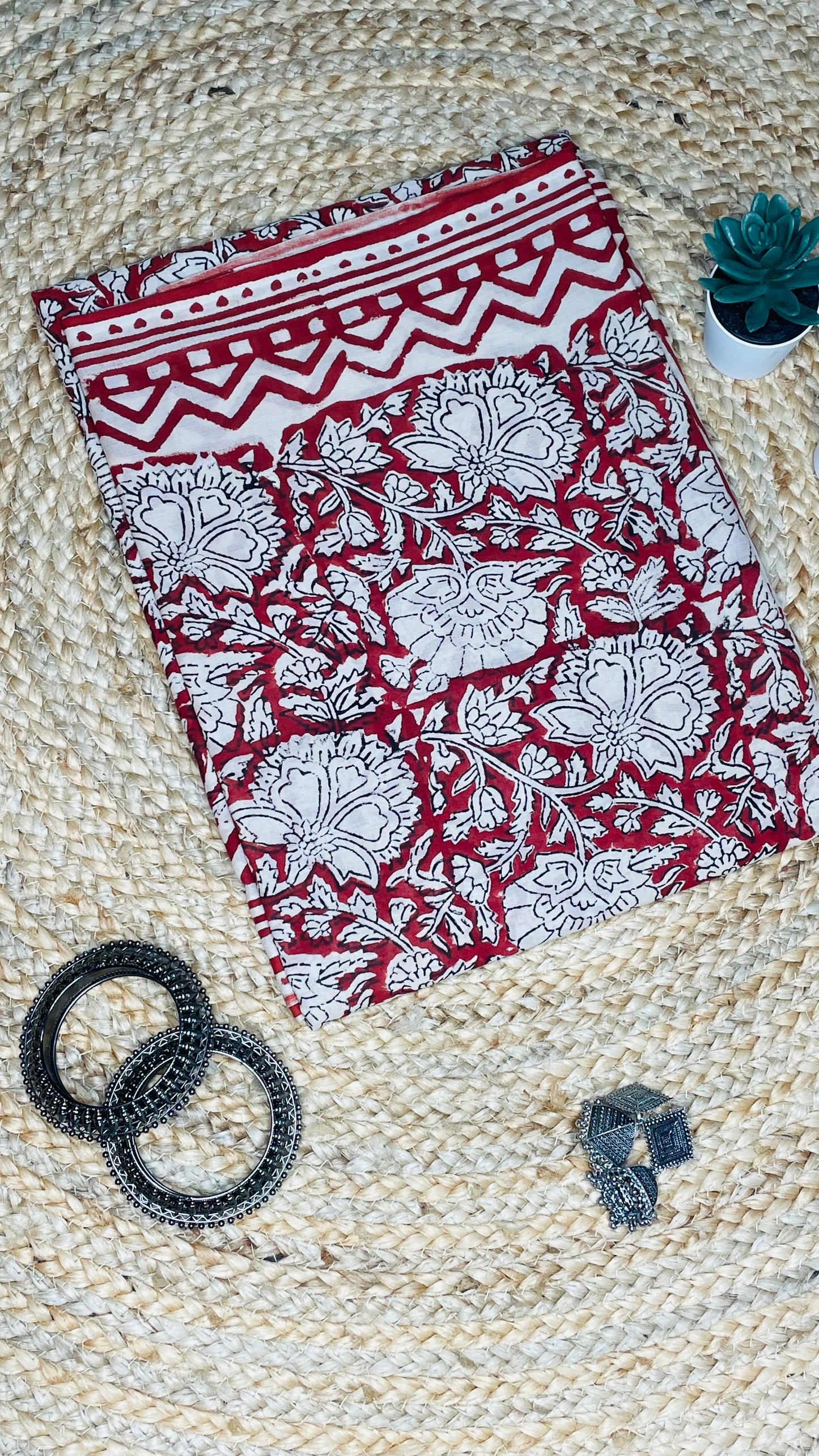 Maroon and Cream colour Handblock Mulmul Saree