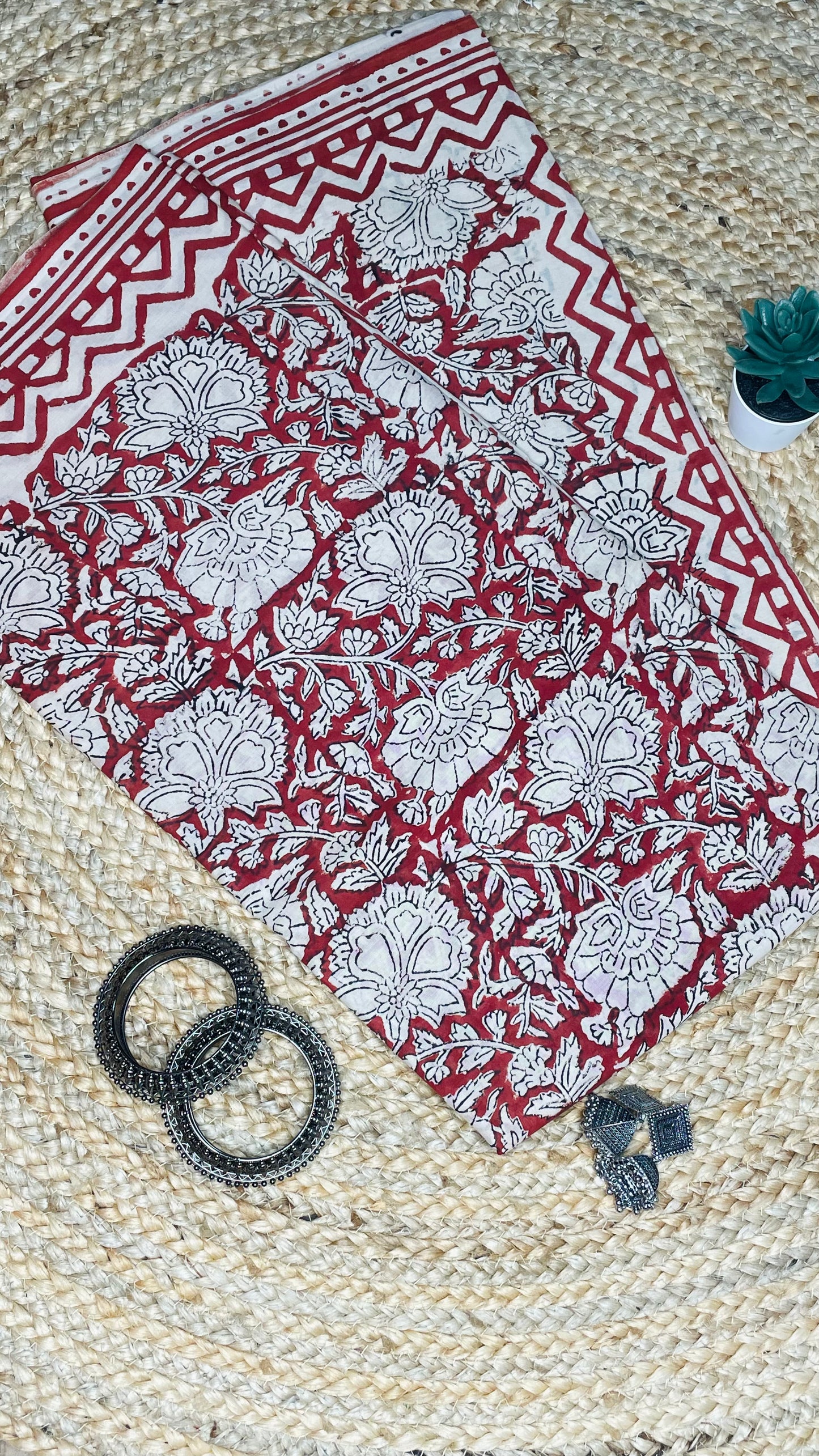 Maroon and Cream colour Handblock Mulmul Saree