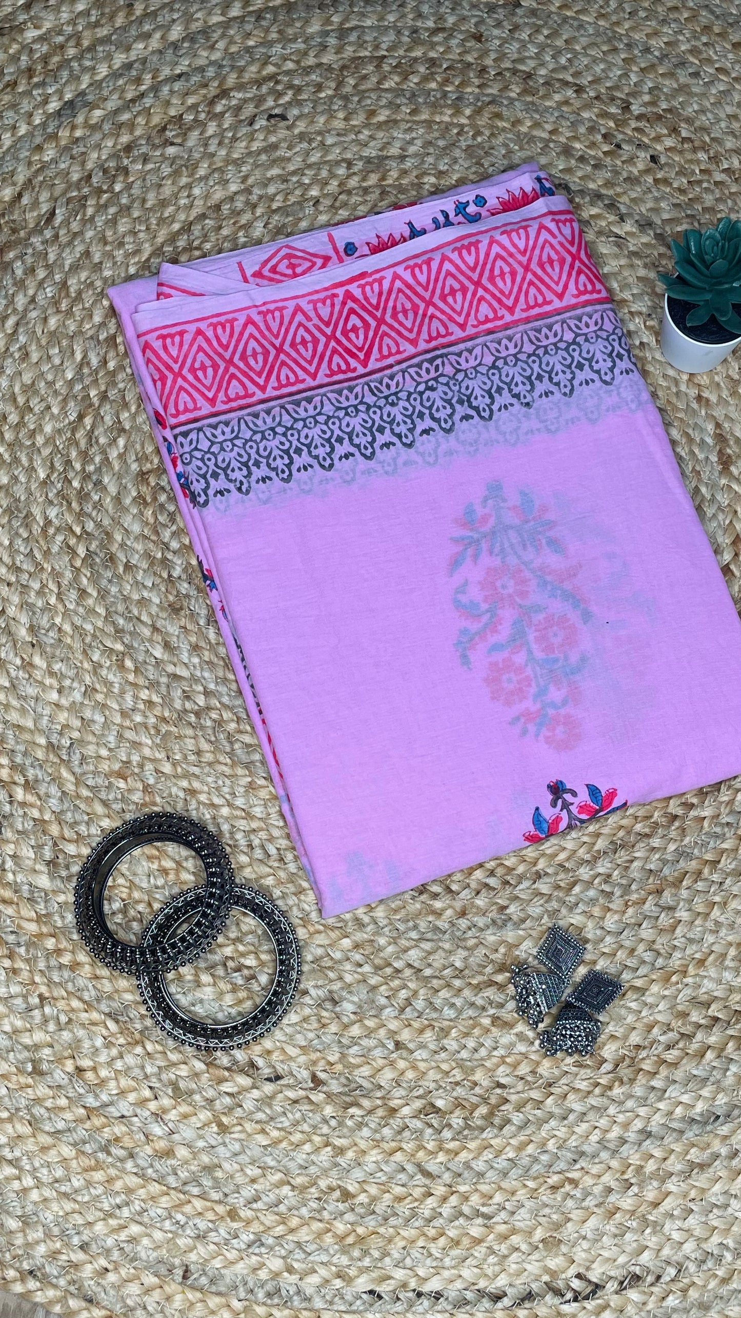 Baby Pink colour Handblock Mulmul Saree