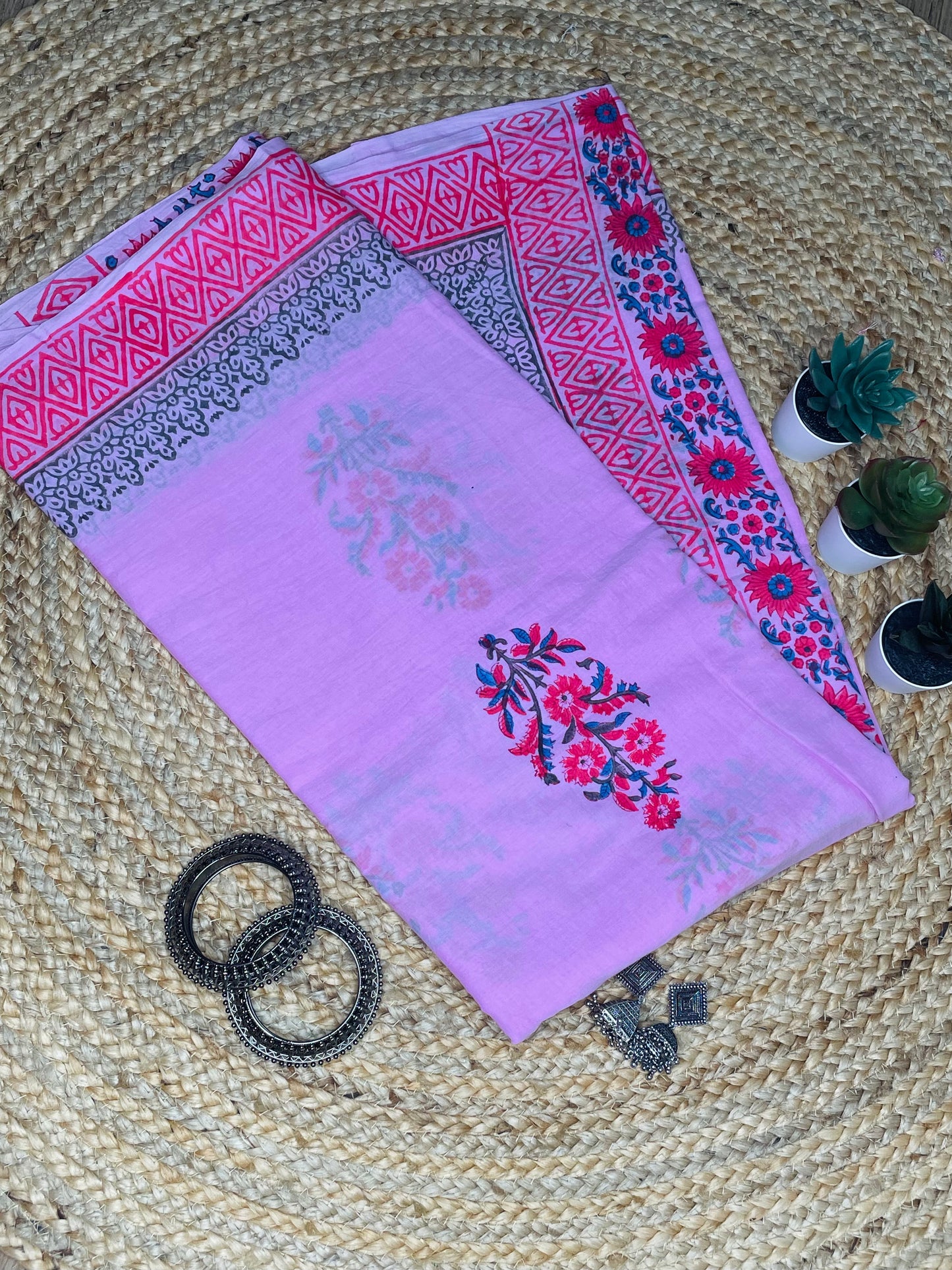 Baby Pink colour Handblock Mulmul Saree
