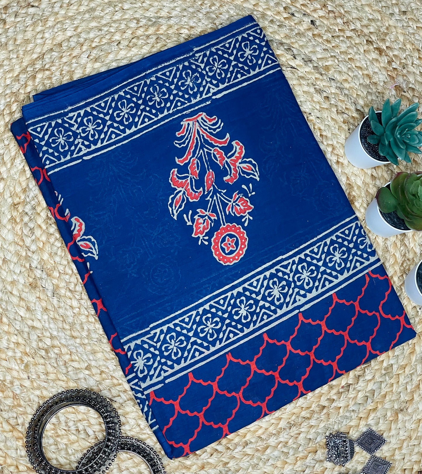 Dark Blue colour Handblock  Mulmul Saree