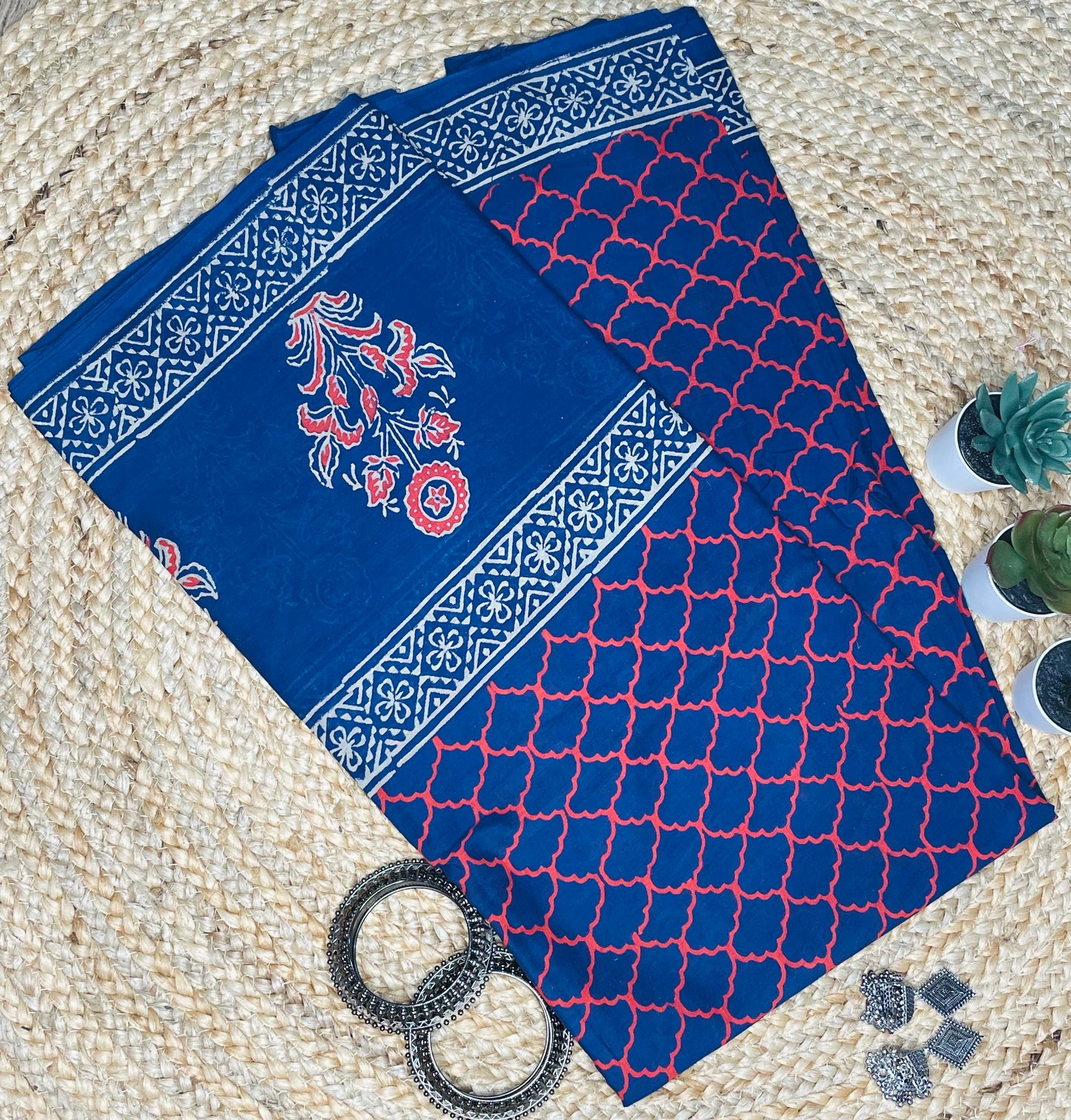 Dark Blue colour Handblock  Mulmul Saree