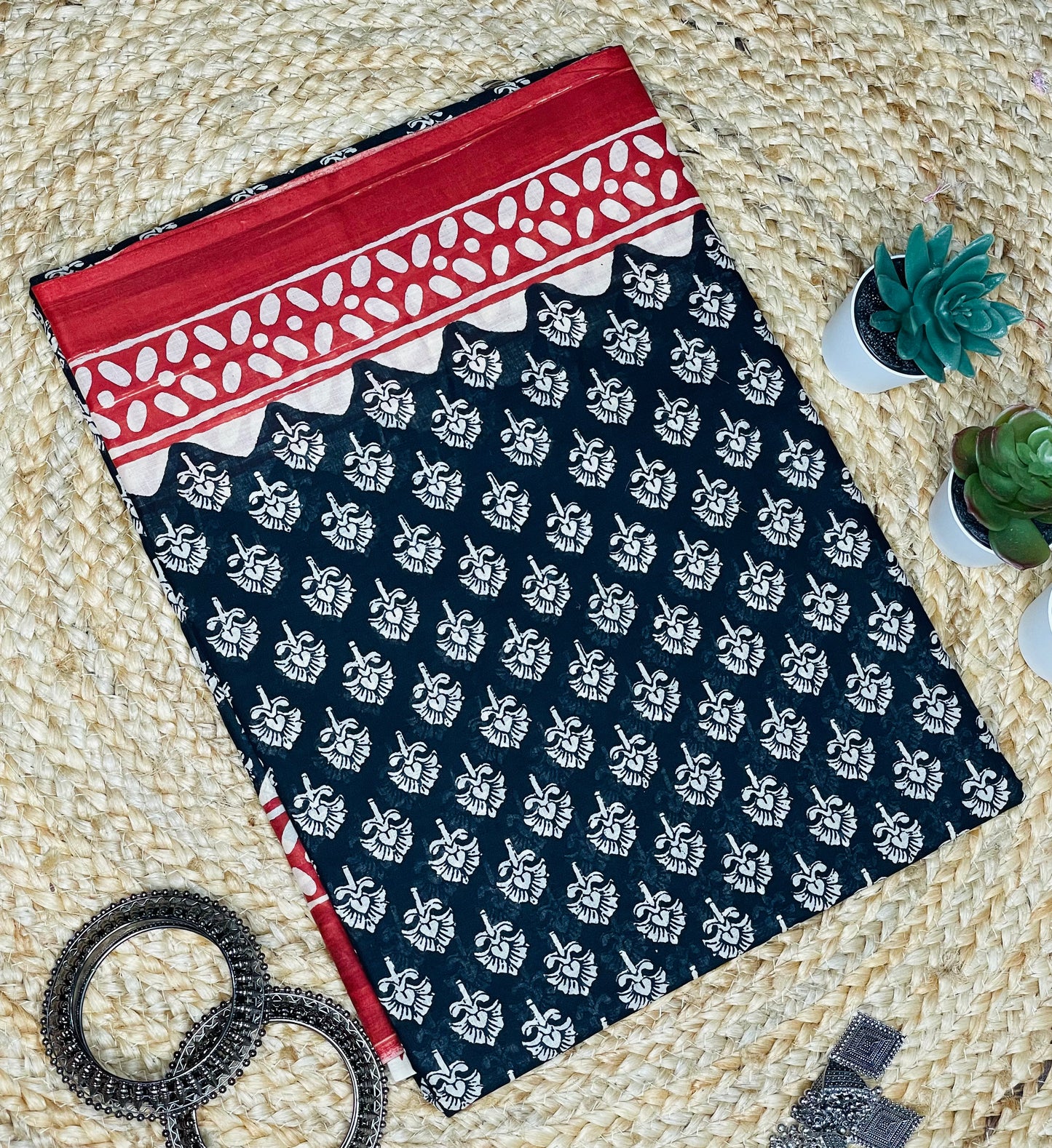 Black with Red border Handblock Mulmul Saree