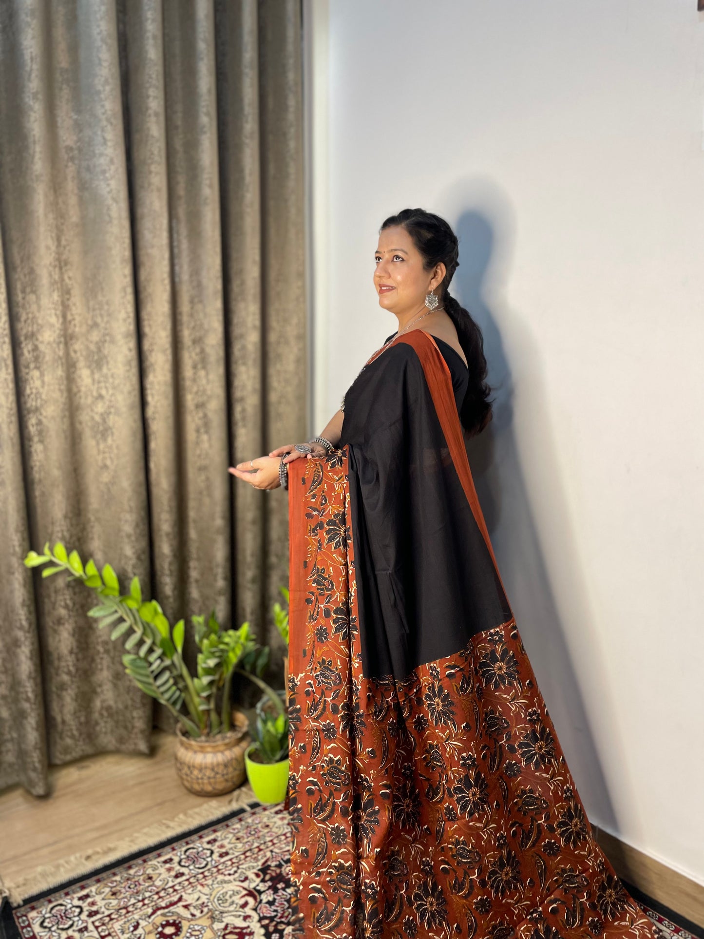 Black and Orange Mulmul Cotton Saree