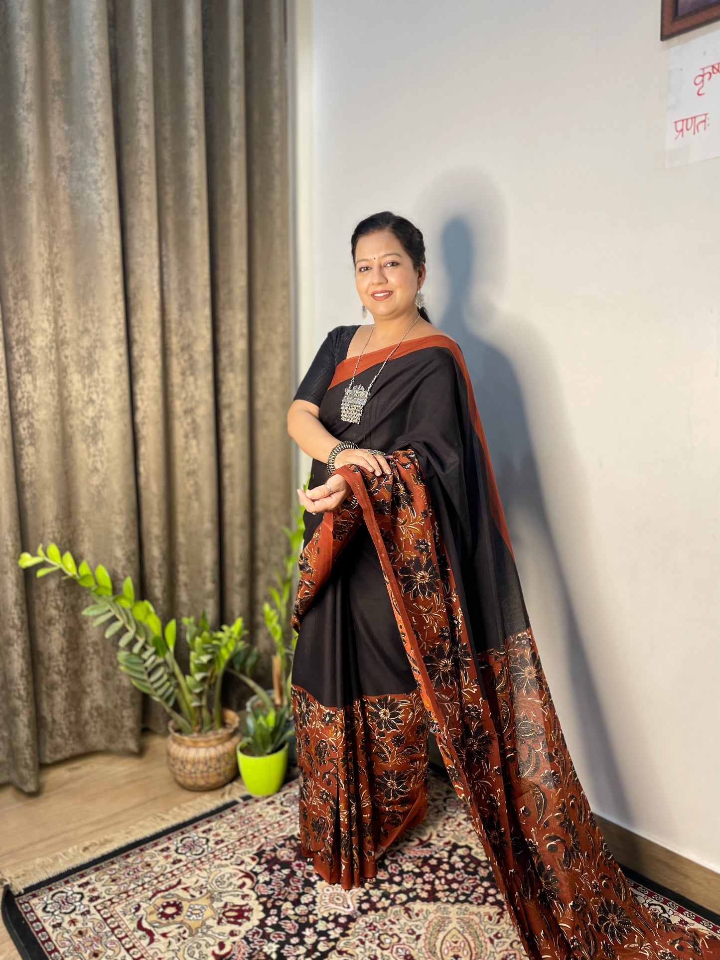 Black and Orange Mulmul Cotton Saree