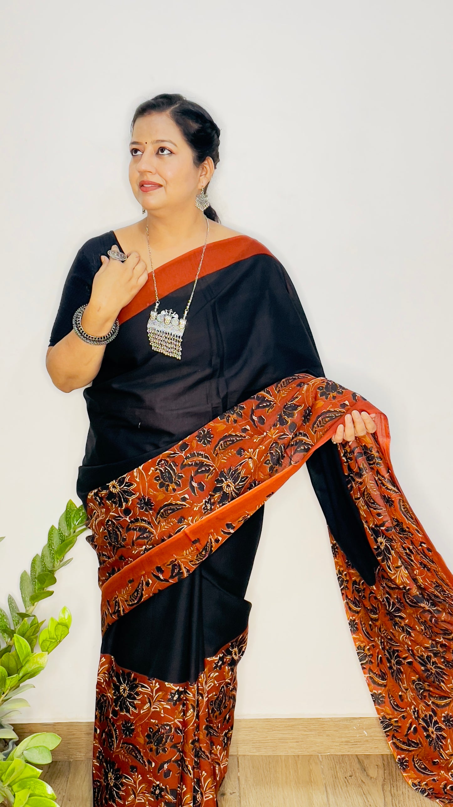 Black and Orange Mulmul Cotton Saree