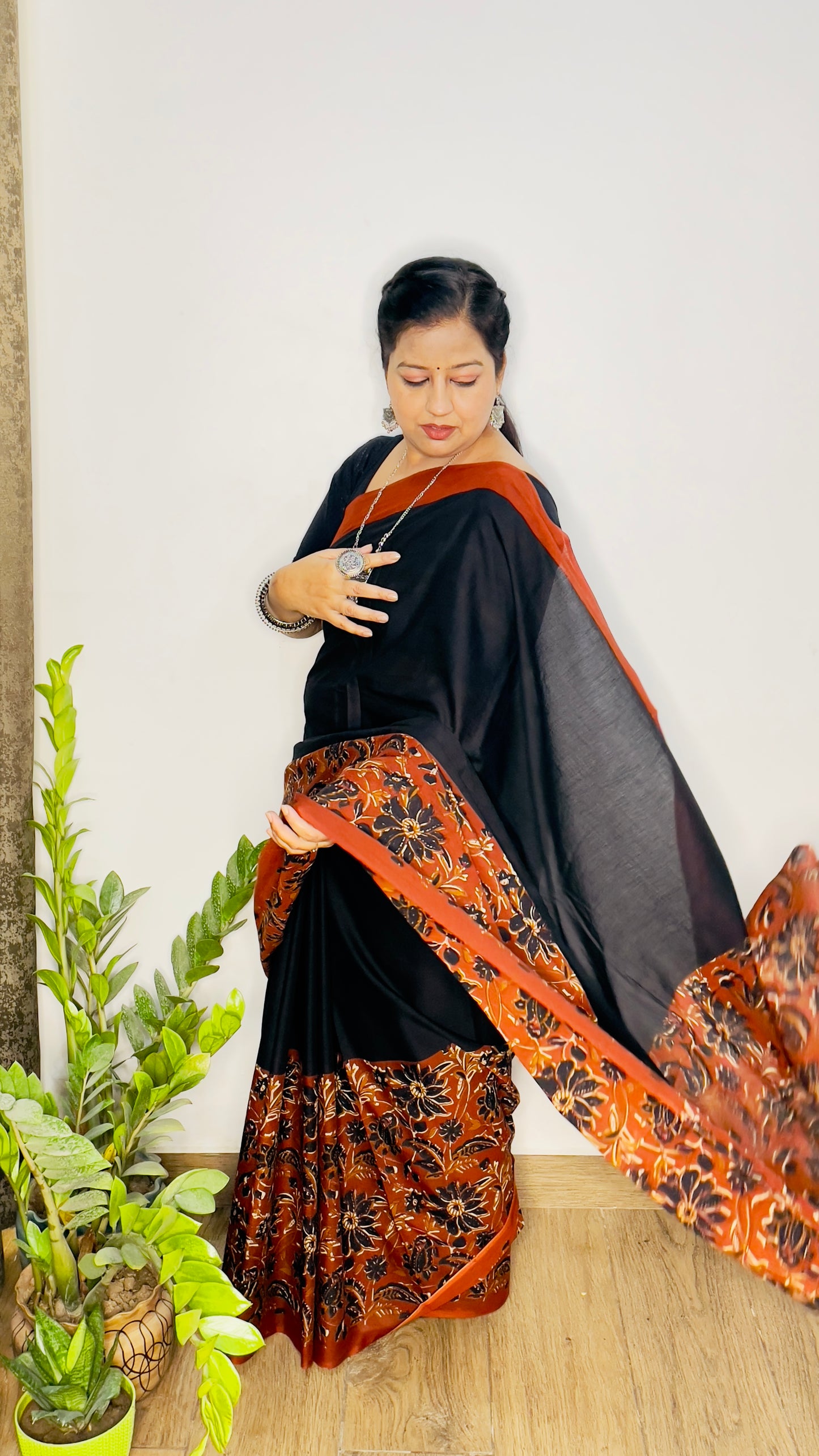 Black and Orange Mulmul Cotton Saree