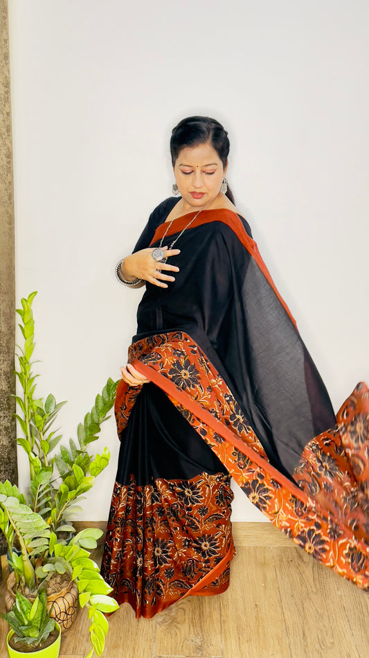 Black and Orange Mulmul Cotton Saree