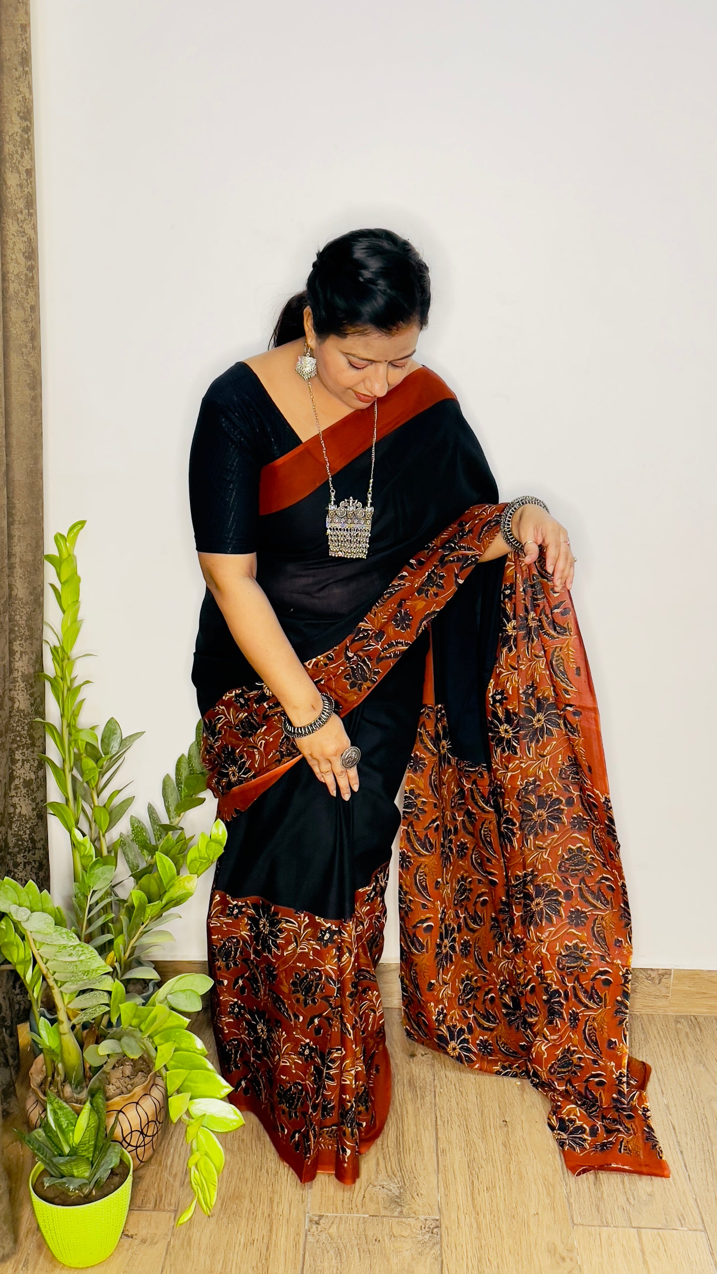 Black and Orange Mulmul Cotton Saree