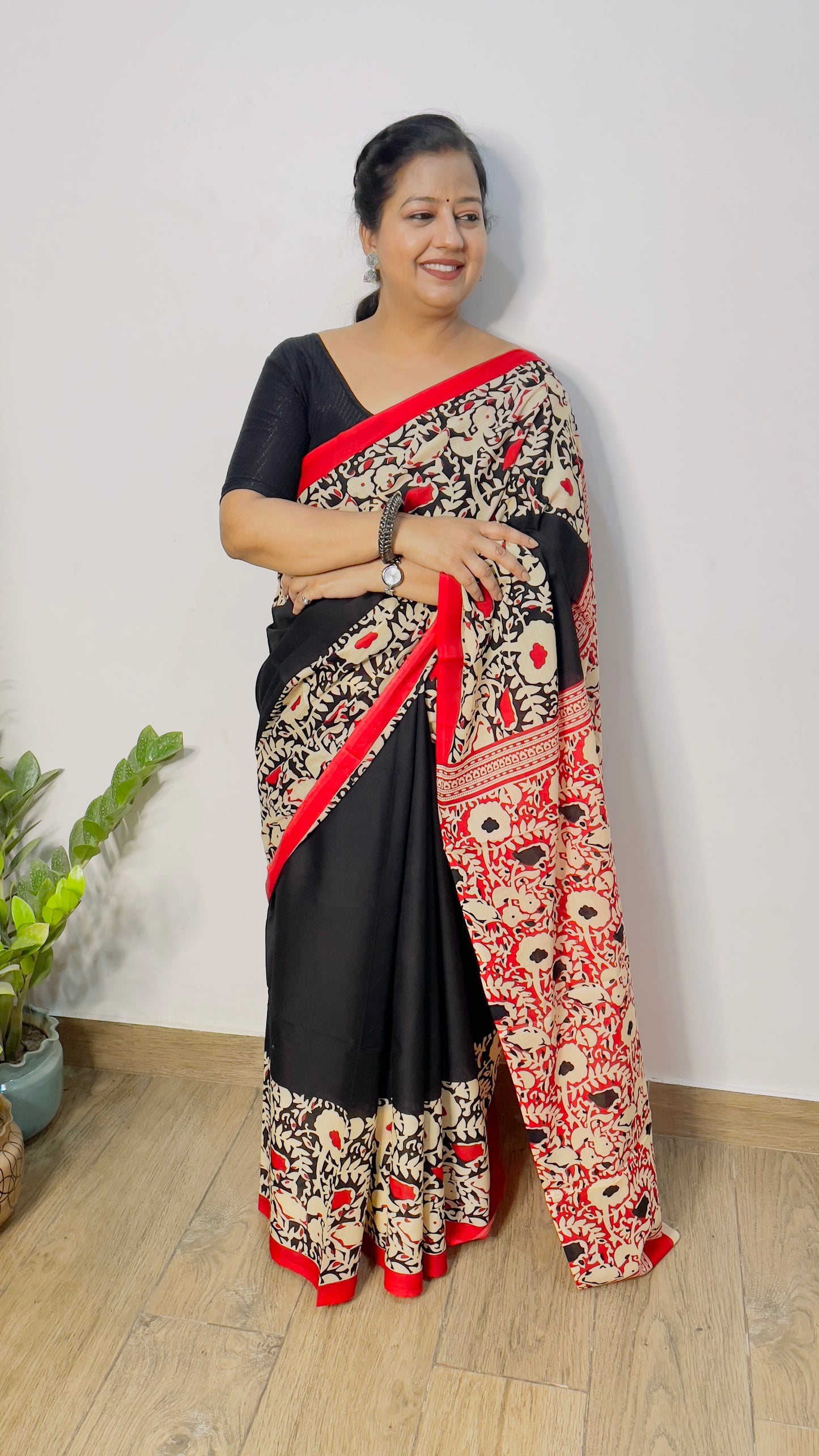 Red bordered black Mulmul Cotton Saree