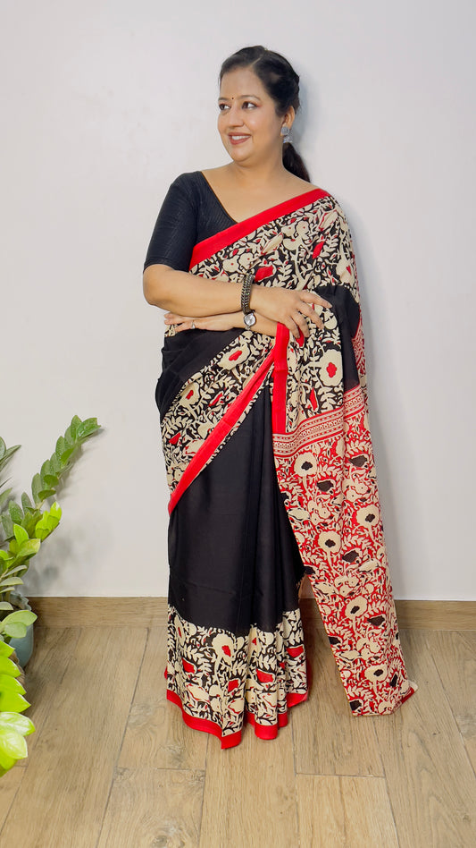 Red bordered black Mulmul Cotton Saree