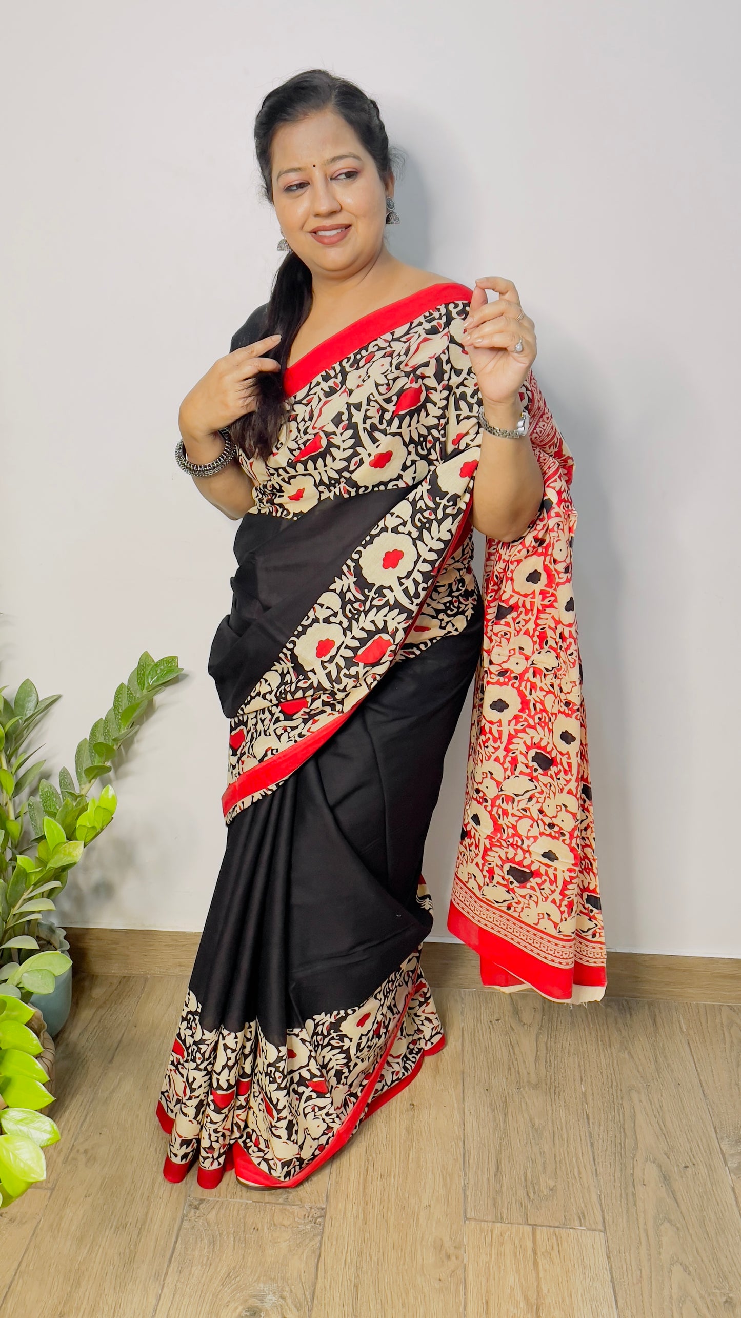 Red bordered black Mulmul Cotton Saree