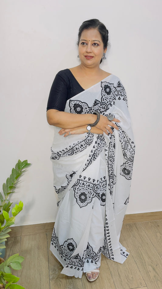 Black &  White Mulmul Saree