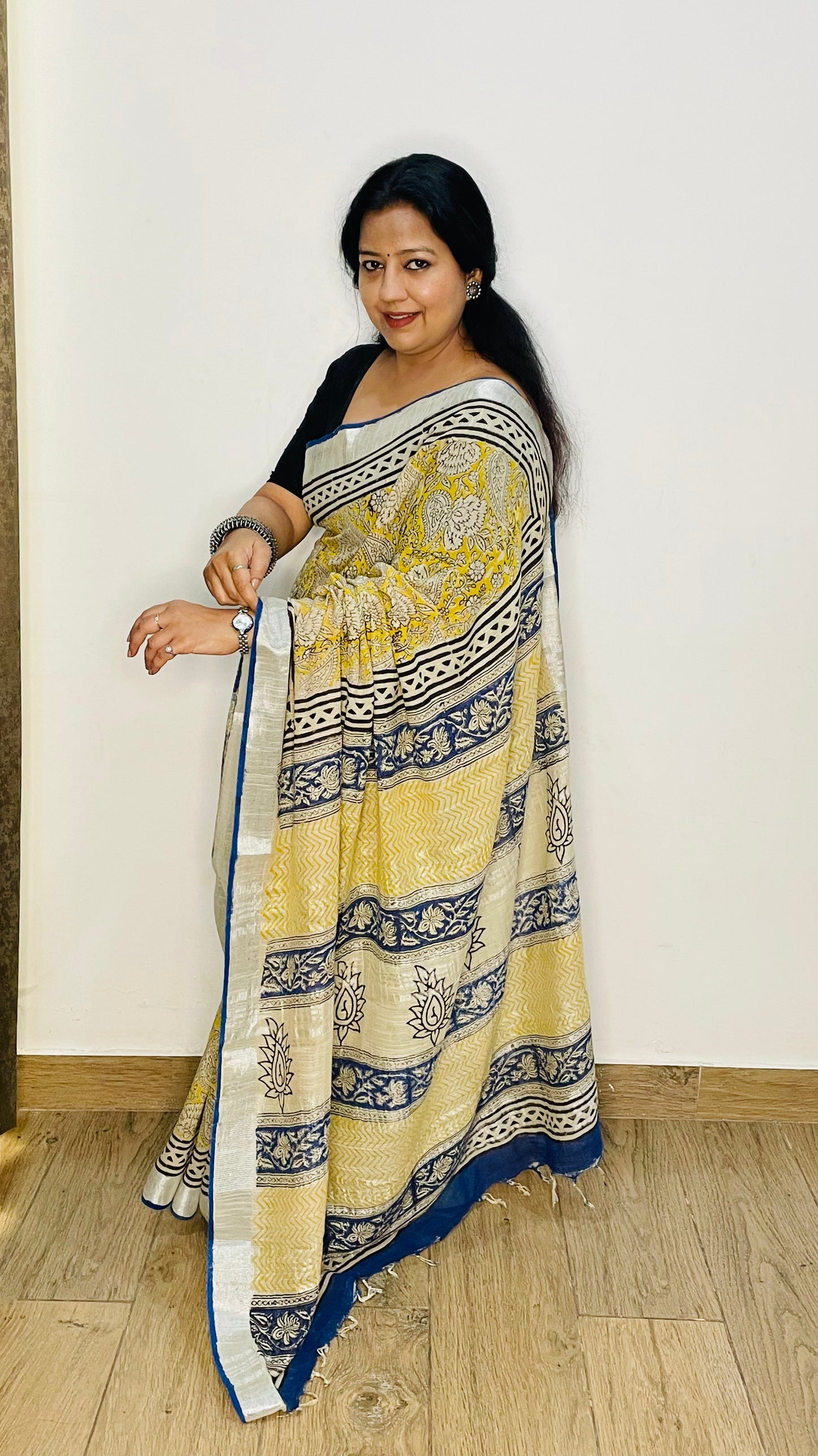 Yellow & Blue Cotton Linen Saree