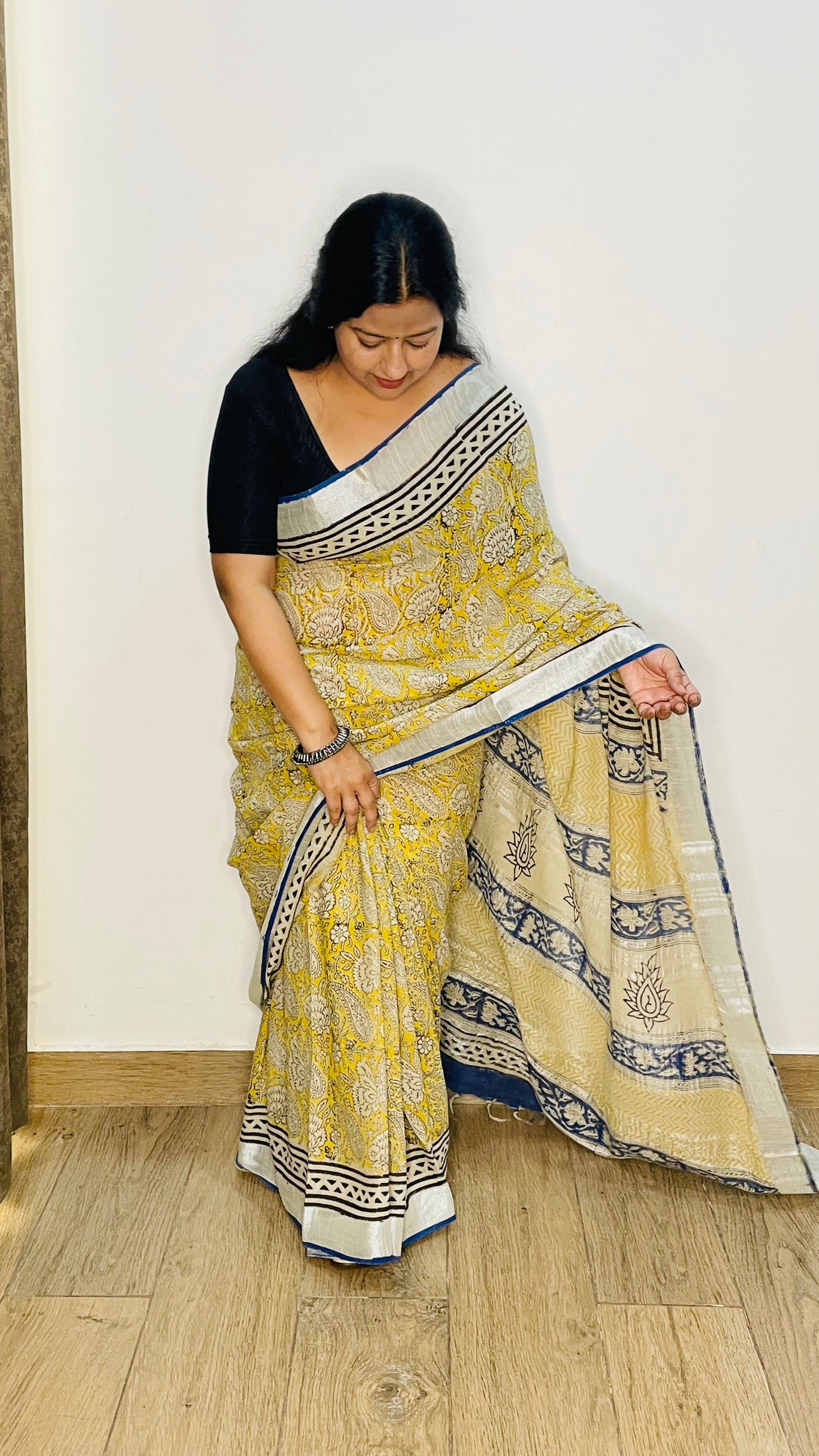 Yellow & Blue Cotton Linen Saree