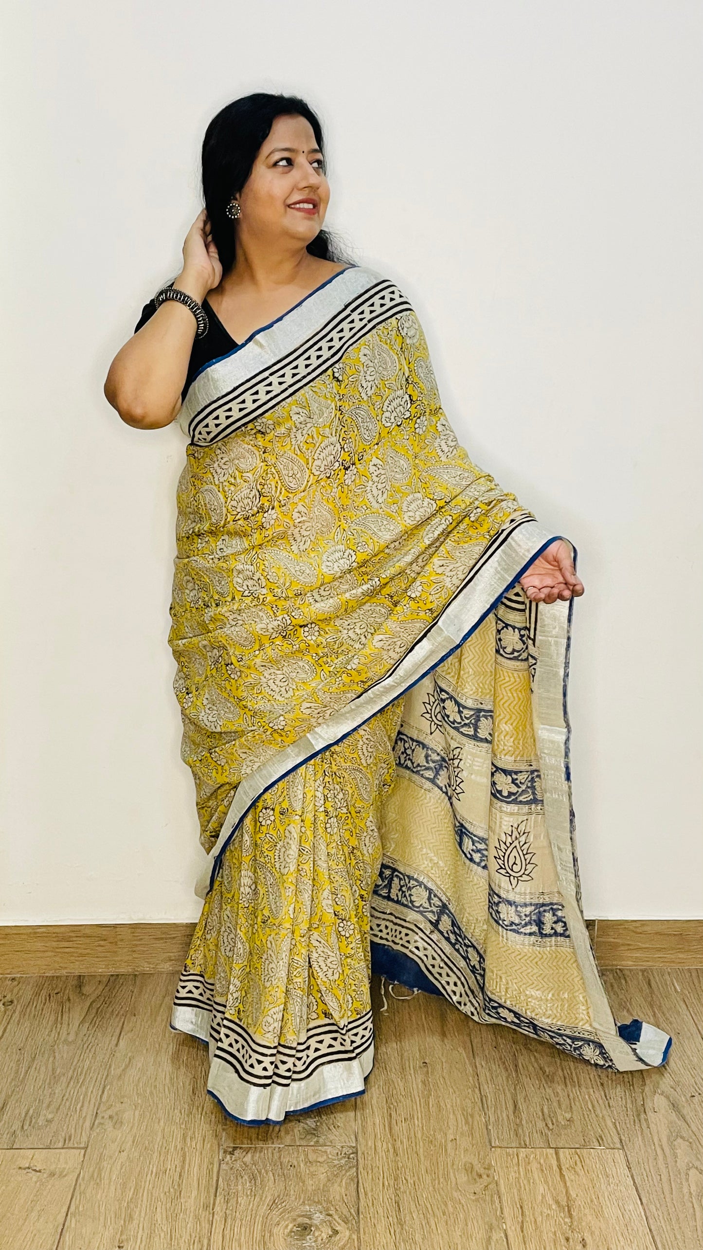 Yellow & Blue Cotton Linen Saree
