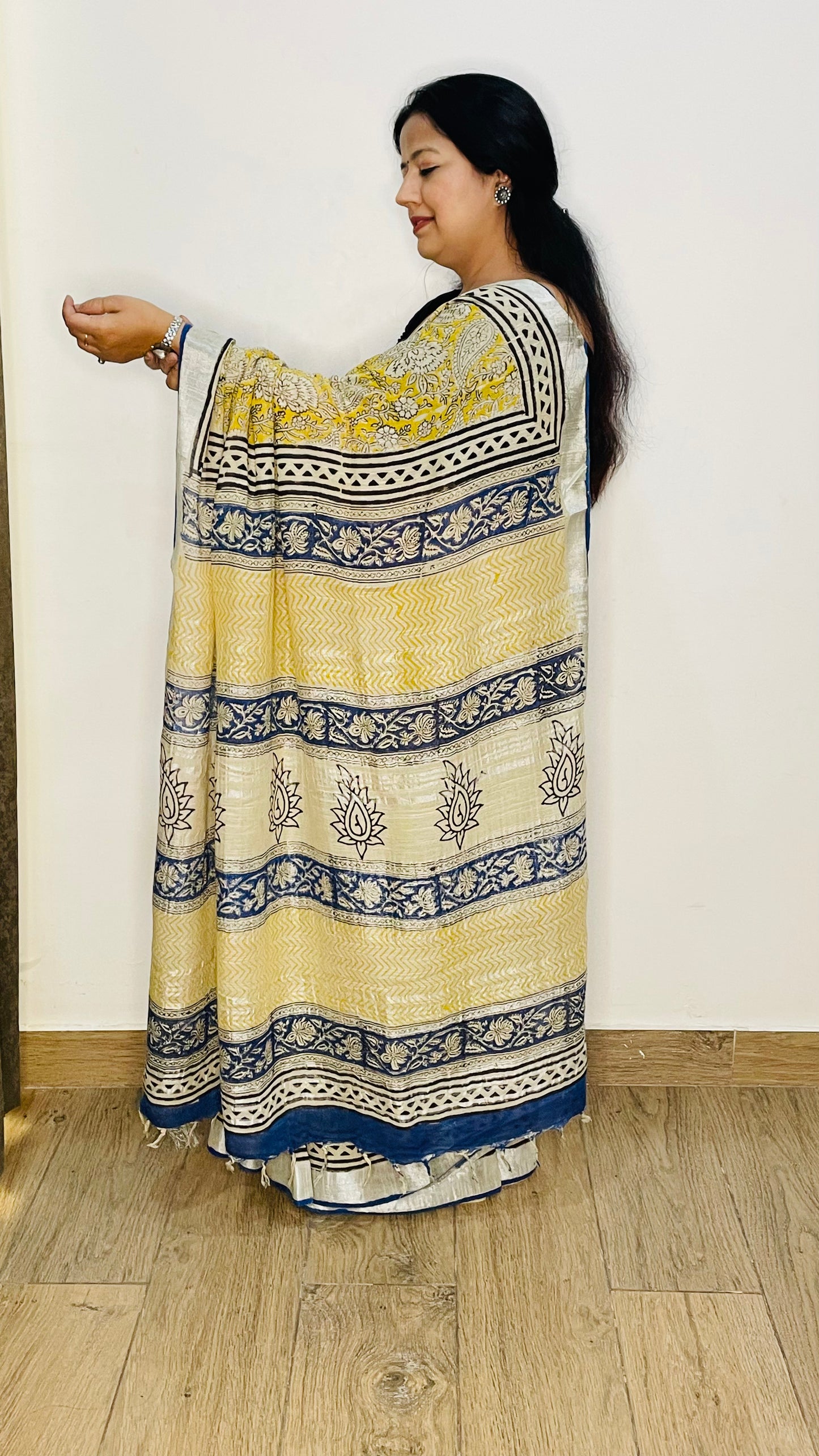 Yellow & Blue Cotton Linen Saree